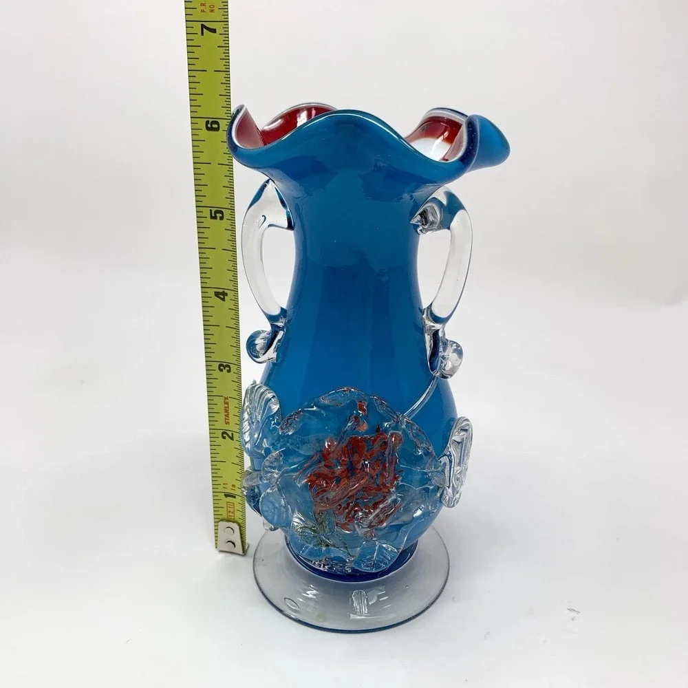 Antique Stevens & Williams Blown Glass Vase Applied Flower Cased Red Rim